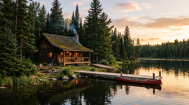 Rustic lakeside log cabin with canoe and dock at peaceful sunset