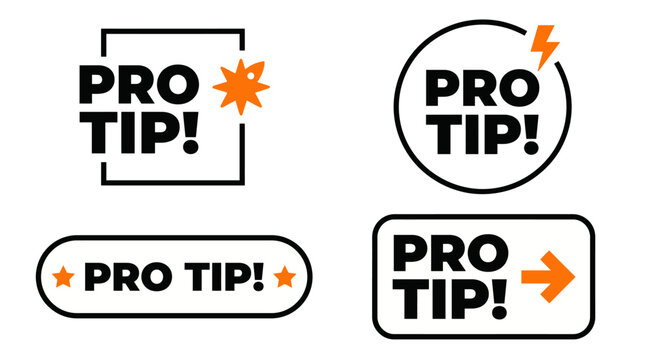 Pro Tip Badges & Stickers Set - Professional Advice Labels, Tip Notification Seals, Helpful Hint Badges, Content Markers Vector Icons