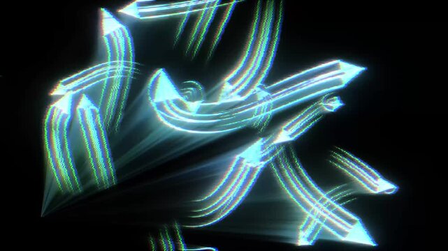 Holographic light arrows. Background of movement with glitches. A futuristic digital arrow stream, a cycle of cyber failures.