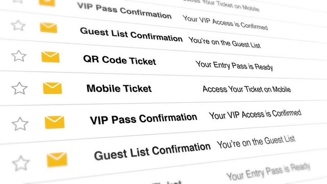 Digital email interface scrolling through ticket confirmation messages with orange envelope icons in this motion graphics animation video for your commercial project