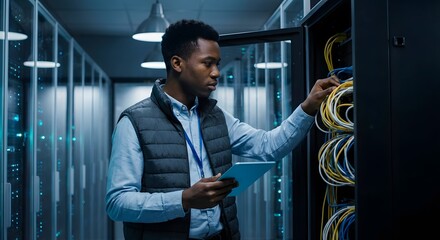 Fototapeta premium Young technician maintaining network infrastructure and checking server cables with a digital tablet in data center