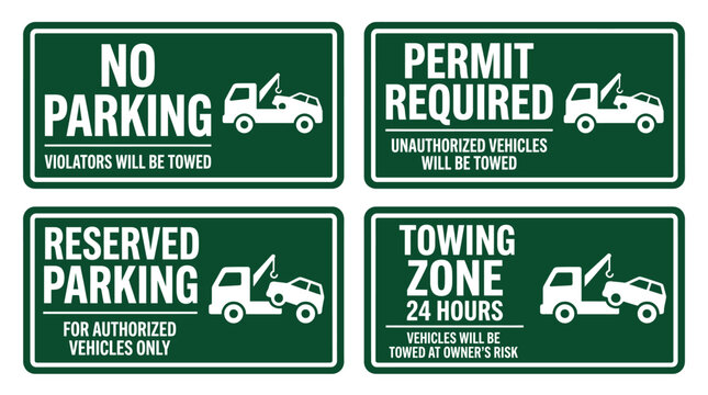 No Parking Sign Set with Towing Zone and Permit Required Warning Vector Illustrations