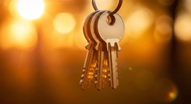 Close-up of three shiny keys on a ring, glowing against a warm, blurry sunset background