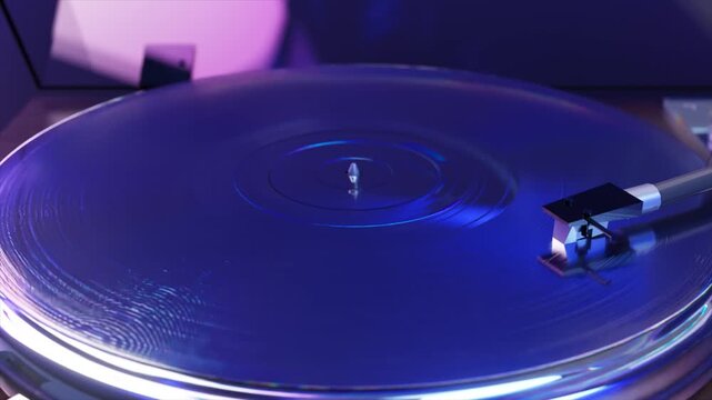 Close-up of a spinning black vinyl record on a vintage turntable with a stylus on the groove, illuminated by vibrant blue and purple neon lights, creating a retro and nightclub atmosphere