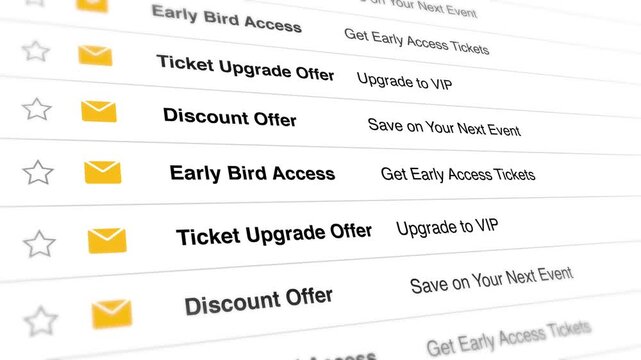 Email inbox interface displays promotional ticket offers and discount alerts in this digital motion footage showing a vertical scrolling feed animation sequence