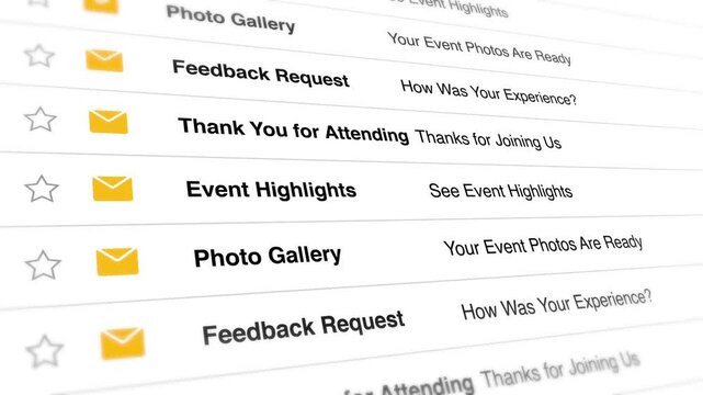 Digital email inbox interface scrolling smoothly through various event notifications in a dynamic motion graphic animation clip for professional online marketing communication