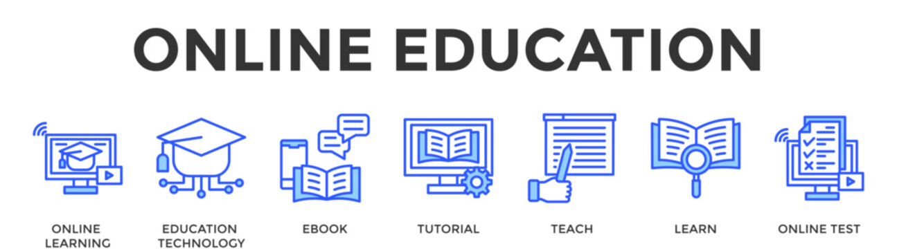 Online Education  Banner Web  Icon Set Collection Pack Vector Illustration Concept Containing Online Learning, Education Technology, Ebook, Tutorial, Teach, Learn, Online Test