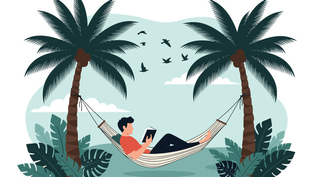 Relaxed man reading a book in a white hammock tied between two palm trees on a tropical beach with birds and exotic plants.