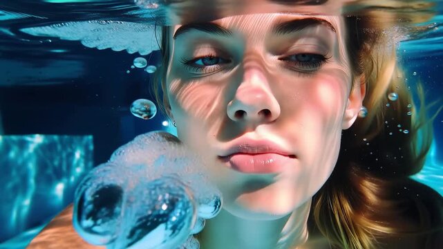 Female swimmer capturing a moment underwater with clear water bubbles visible around her face as sunlight filters through the surface at the swimming pool