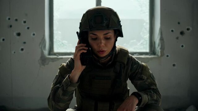 Female soldier in combat gear crouching behind damaged wall during operation
