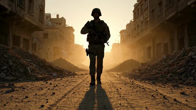 Lone soldier in full combat gear walks through destroyed urban street