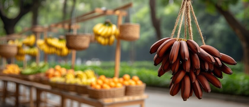 Vibrant display of red bananas in a market setting with woven baskets and other fruits under bright natural light