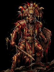 Fototapeta premium Aztec warrior with feathered headdress and macuahuitl weapon.