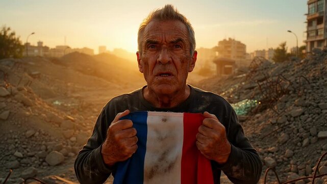 Older man holding French flag to chest in war torn city