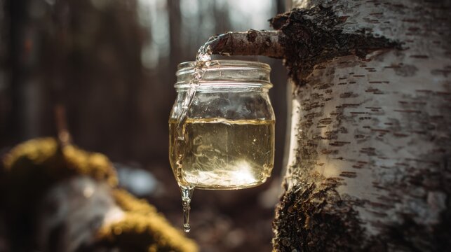 birch tree sap collecting in glass jar spring forest natural light dripping liquid close