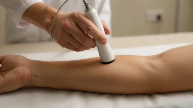 Physiotherapist using ultrasound therapy on patient arm