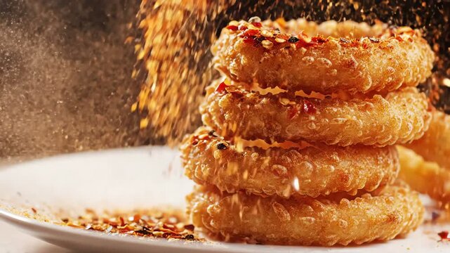 Crispy onion rings stacked on white plate, seasoned with spices