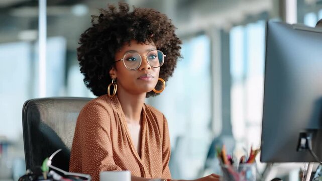 Beautiful young afro business woman focused on work at modern office desk during bright day