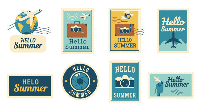 Vintage travel postage stamps with airplane and camera icons