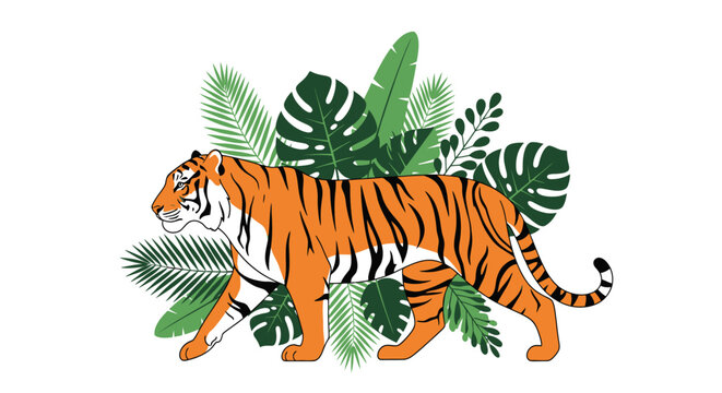 Walking tiger illustration with tropical palm and monstera leaves
