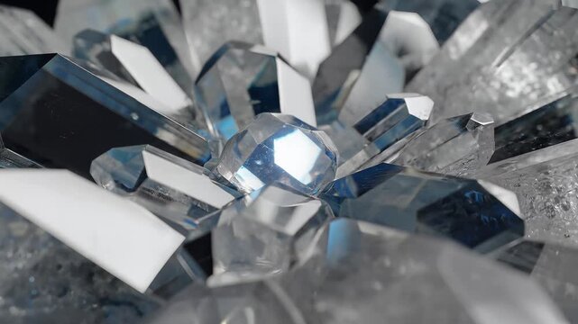 Rotating transparent geometric crystals in macro close-up 3D animation for abstract background.