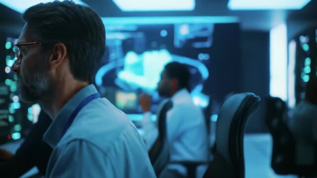 Wide gliding video in a pristine, futuristic data center. Diverse tech professionals focus at glowing workstations with cool blue/cyan neon light. Human ingenuity concept