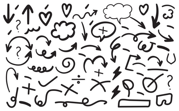 Hand drawn doodle collection arrows hearts clouds and various symbols