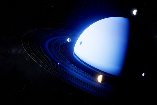 3D ringed ice planet with glowing moon and deep space