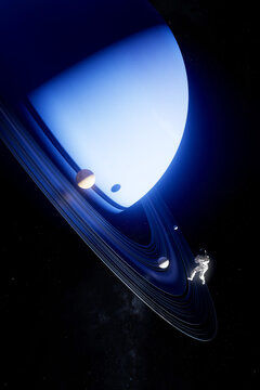 3D astronaut ringed planet drifting through luminous space