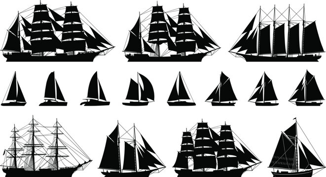 Collection of sailing ship silhouette icons featuring tall ships, clippers, sloops, and cutters for nautical and maritime design use