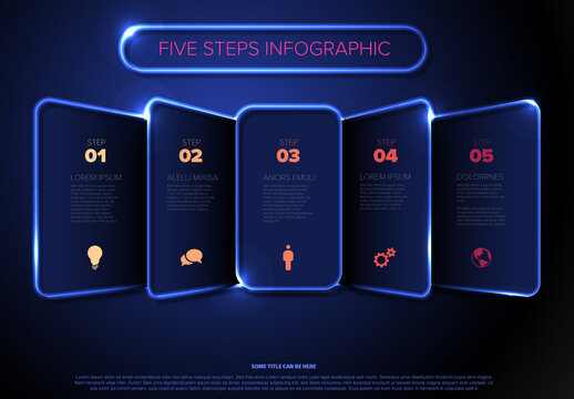 Futuristic Five Steps Infographic with Glowing Blue Neon Frames