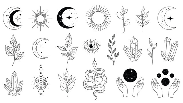 Mystical esoteric symbols collection featuring celestial sun moon stars crystals snake and magical hands in delicate black line art.