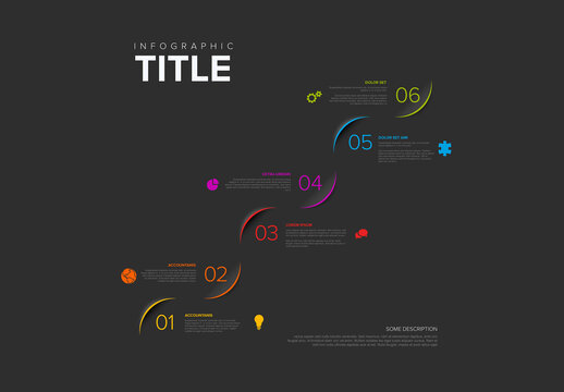 Business Infographic Template with 6 Curved Colorful Steps on Dark Background