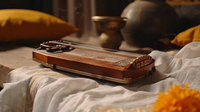 Traditional Indian musical instrument and marigold flowers on a white cloth with incense smoke for spiritual ceremony