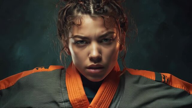 Brazilian Jujutsu fighter shows determination and focus while preparing for an upcoming competition, showcasing her skills in a dramatic setting
