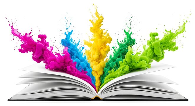 Vibrant colorful paint splashes exploding from an open book isolated on a white background symbolizing creativity and imagination