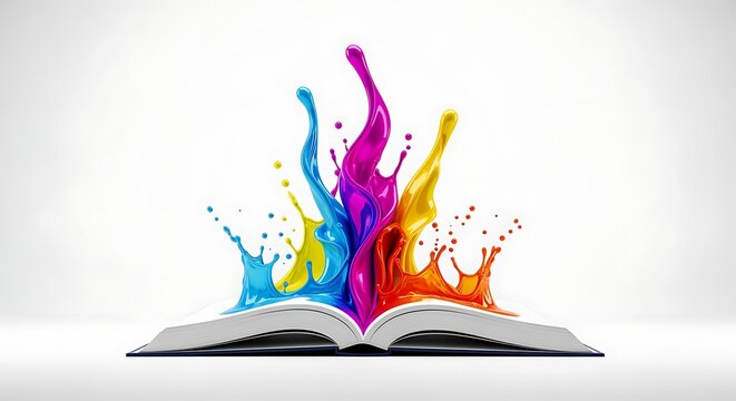Vibrant multicolored paint splashes erupting from an open book symbolizing creativity and imagination