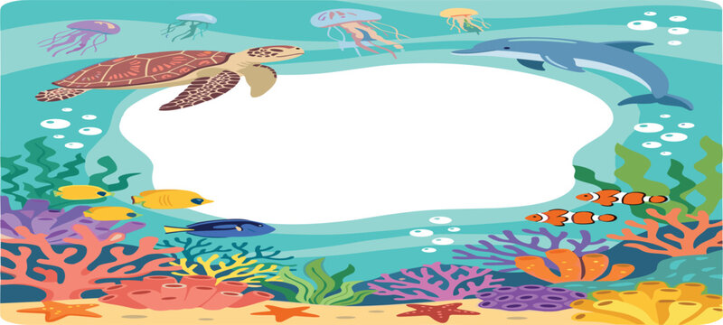 Underwater marine life frame background with copy space featuring sea turtle dolphin jellyfish tropical fish and vibrant coral reef flat vector illustration.