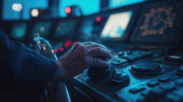 captain hands on ship steering wheel and sonar navigation instruments, cinematic maritime control room, cold blue lighting