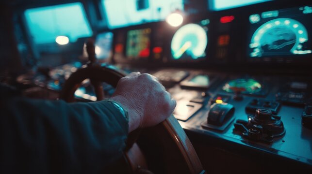 captain hands on ship steering wheel and sonar navigation instruments, cinematic maritime control room, cold blue lighting
