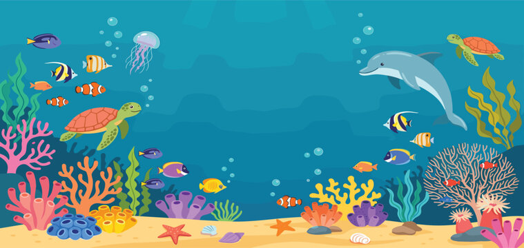 Underwater marine life frame background with copy space featuring sea turtles, dolphin, jellyfish, tropical fish, and colorful coral reef plants in flat vector illustration style.