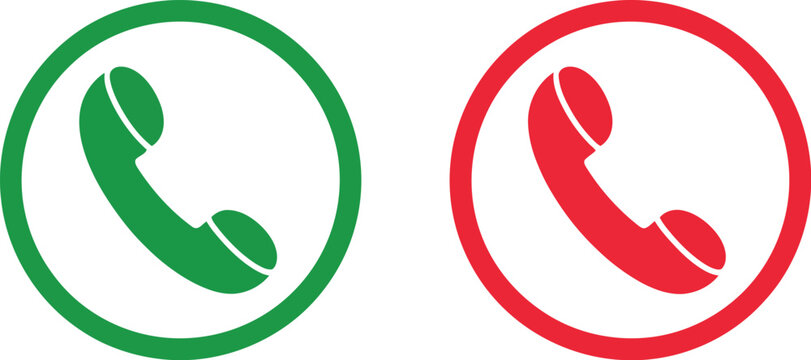 Phone call icon illustration featuring dual status symbols, green answered call and red rejected call, simple modern telephone handset design