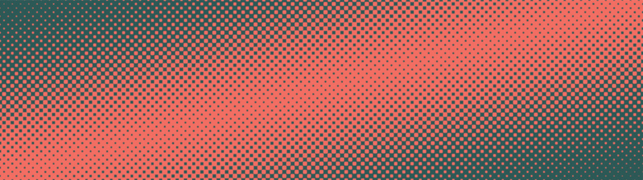 Panoramic abstract background in ultra wide 32:9 vector format with red green checkered halftone pattern and diagonal faded border. Bold design for banner, header, UI, business presentation layouts