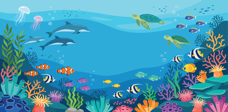 Underwater ocean life background with copy space featuring swimming dolphins sea turtles jellyfish tropical fish and vibrant coral reef flat vector illustration.
