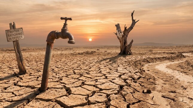 Water rationing concept: dry faucet in a barren desert landscape at sunset showing extreme climate change.