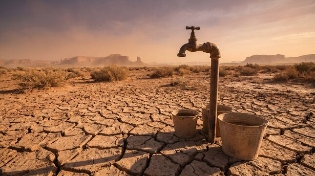Old rusty water tap and empty buckets on dry cracked earth representing severe drought and global warming.