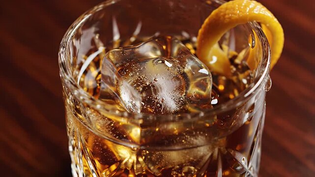 Whiskey with ice cube being poured into glass with orange peel on wooden table.