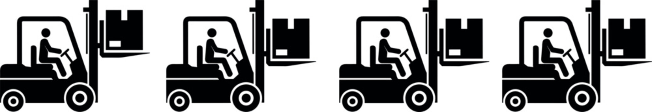 Forklift truck icon set with operator lifting cargo pallets representing warehouse logistics and material handling vector illustration collection