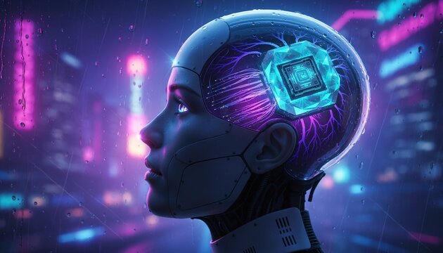 Explore the future of artificial intelligence with this cinematic female robot profile, featuring a transparent head and glowing microchip amidst a rainy neon cyberpunk cityscape.