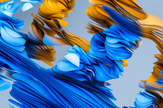 3D layered fluid ribbon in blue and gold abstract motion
